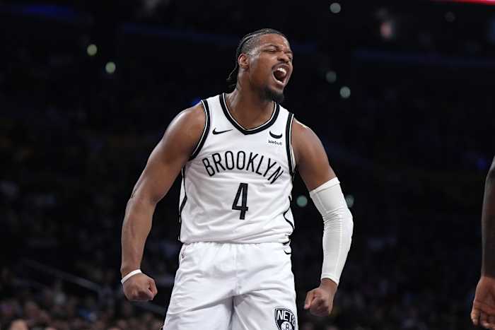 Brooklyn Nets guard Dennis Smith Jr. (4) celebrates against the Los Angeles Lakers