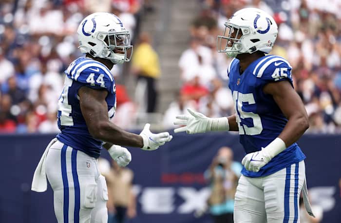 Sep 11, 2022; Houston, Texas, USA; Indianapolis Colts linebacker Zaire Franklin (44) and linebacker E.J. Speed (45) react after a play during the game against the Houston Texans at NRG Stadium.