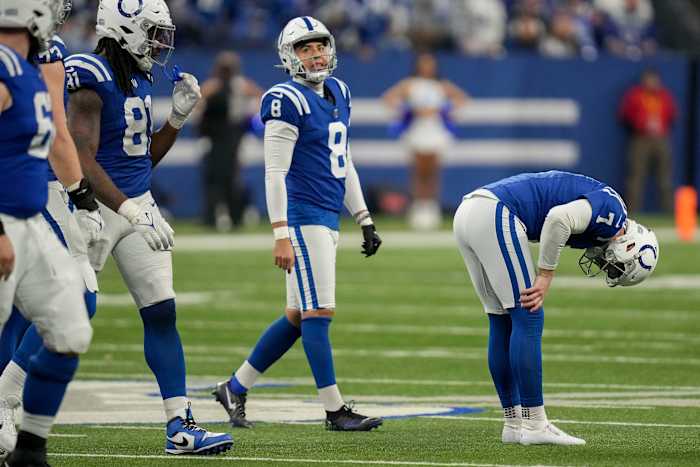 Indianapolis Colts place kicker Matt Gay (7) reacts after missing a field goal Saturday, Jan. 6, 2024, during a game against the Houston Texans at Lucas Oil Stadium in Indianapolis.  