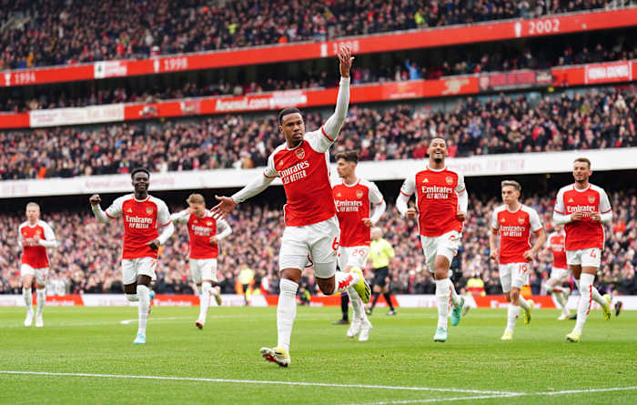 Arsenal's players pictured celebrating after Gabriel (center) scored the opening goal in a 5-0 win over Crystal Palace in January 2024