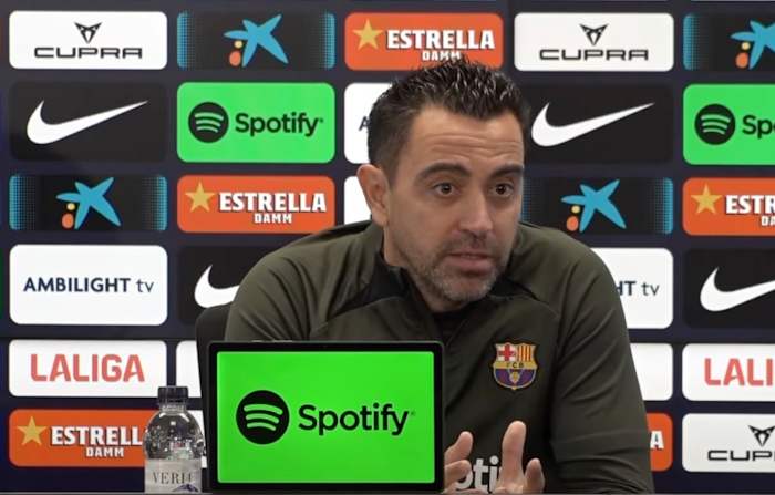 Barcelona manager Xavi Hernandez pictured at a press conference during the 2023/24 season