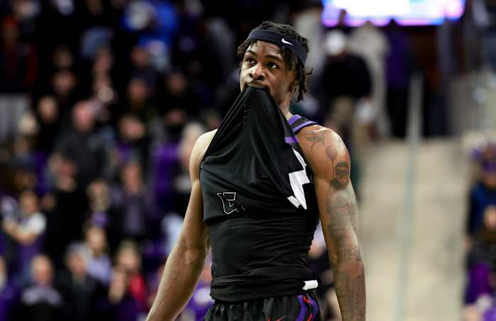 Jan 20, 2024; Fort Worth, Texas, USA; TCU Horned Frogs forward Emanuel Miller (2) reacts after the game against the Iowa State Cyclones at Ed and Rae Schollmaier Arena. Mandatory Credit: Kevin Jairaj-USA TODAY Sports