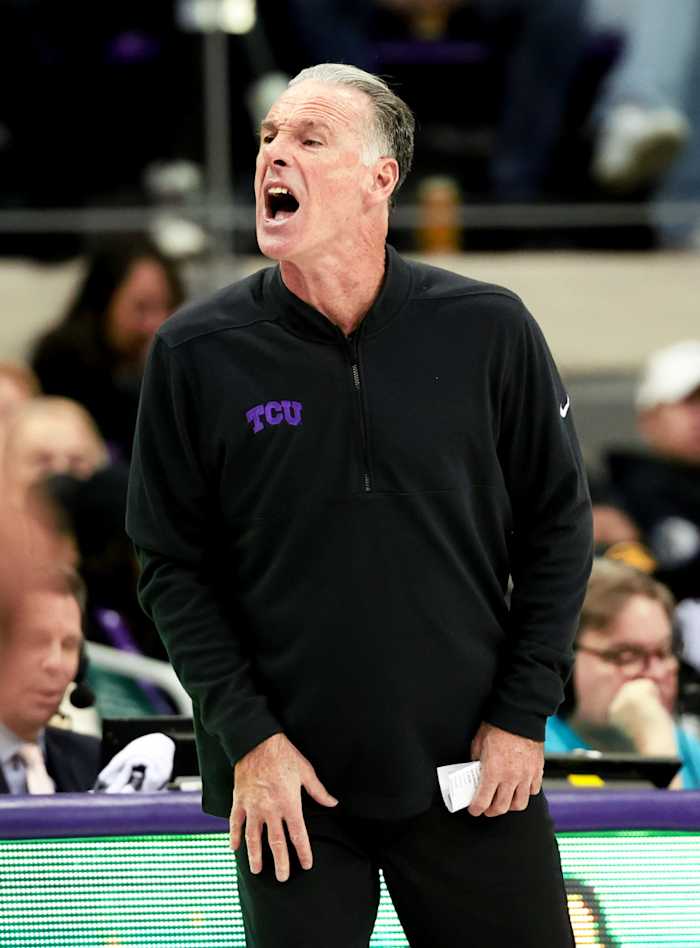 Jan 20, 2024; Fort Worth, Texas, USA; TCU Horned Frogs head coach Jamie Dixon reacts during the first half against the Iowa State Cyclones at Ed and Rae Schollmaier Arena. Mandatory Credit: Kevin Jairaj-USA TODAY Sports