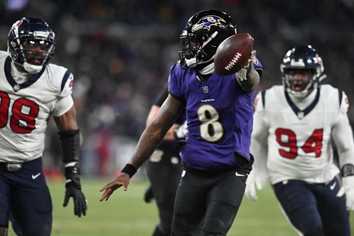 Baltimore Ravens quarterback Lamar Jackson rushed for two touchdowns and passed for two others in Baltimore’s win over the Houston Texans in an AFC divisional round game Saturday.