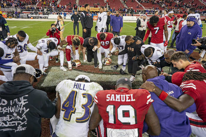 Dec 25, 2023; Santa Clara, California, USA; San Francisco 49ers and Baltimore Ravens players after the game at Levi's Stadium.