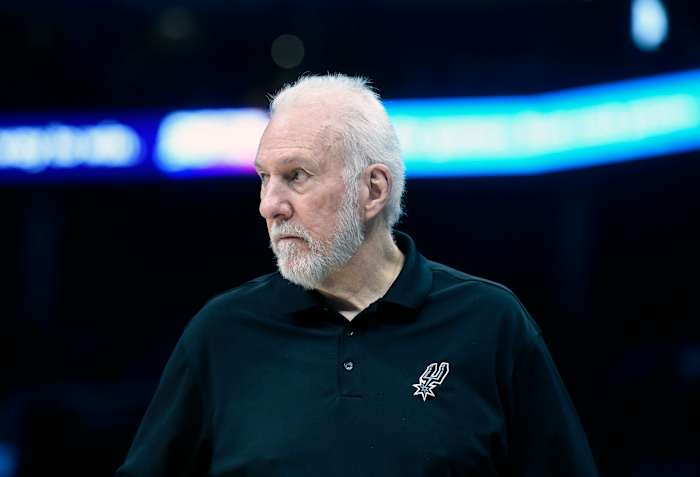 Jan 19, 2024; Charlotte, North Carolina, USA; San Antonio Spurs head coach Gregg Popovich during the second half against the Charlotte Hornets at the Spectrum Center.
