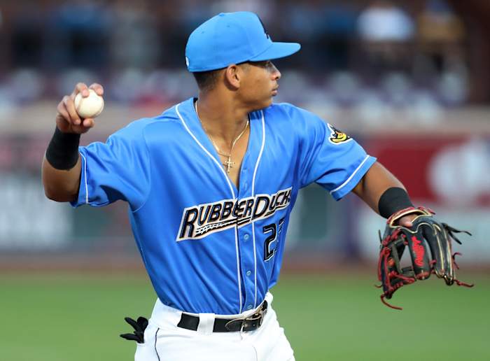 Aug 31, 2023; Akron, OH, USA; Akron RubberDucks infielder Juan Brito (22) throws to first base between innings during a game Aug. 31 against the Bowie Baysox at Canal Park in Akron.