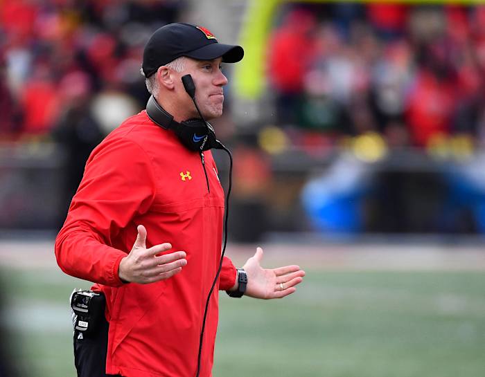 Nov 11, 2017; College Park, MD, USA; Maryland Terrapins head coach DJ Durkin looks on against the Michigan Wolverines during the first half at Maryland Stadium. Mandatory Credit: Brad Mills-USA TODAY Sports  