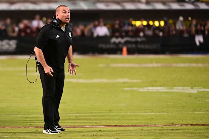 Nov 4, 2023; Starkville, Mississippi, USA; Mississippi State Bulldogs head coach Zach Arnett reacts during the fourth quarter against the Kentucky Wildcats at Davis Wade Stadium at Scott Field. Mandatory Credit: Matt Bush-USA TODAY Sports  