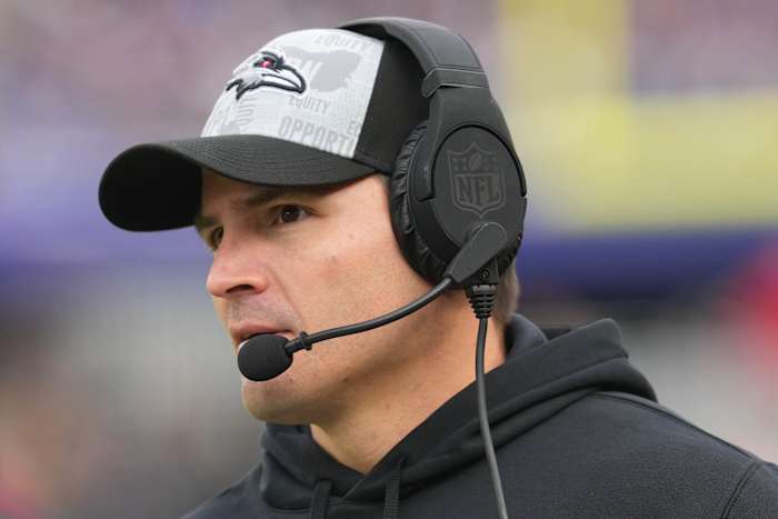 Dec 31, 2023; Baltimore, Maryland, USA; Baltimore Ravens defensive coordinator Mike Macdonald on the sidelines during the third quarter against the Miami Dolphins at M&T Bank Stadium.