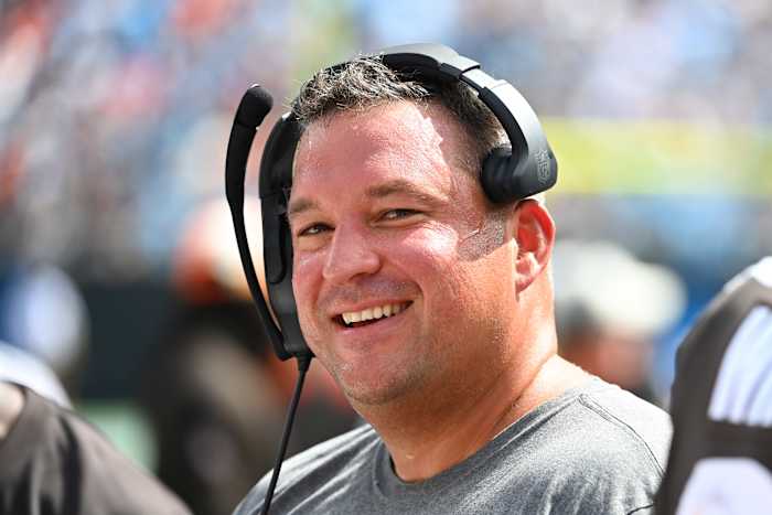 Sep 11, 2022; Charlotte, North Carolina, USA; Cleveland Browns defensive line coach Chris Kiffin on the sidelines in the third quarter at Bank of America Stadium. Mandatory Credit: Bob Donnan-USA TODAY Sports  
