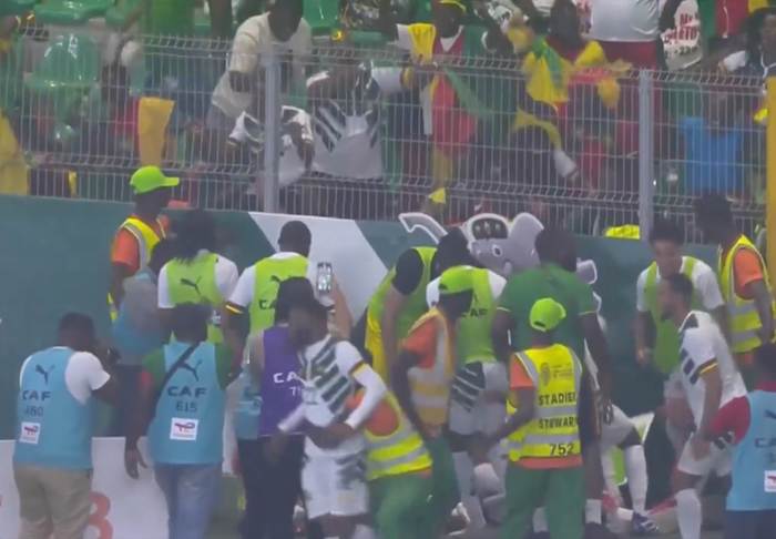 Cameroon players and fans pictured celebrating a late goal during a 3-2 win over Gambia at the Africa Cup of Nations in January 2024