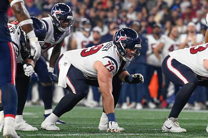 Aug 10, 2023; Foxborough, Massachusetts, USA; Houston Texans center Jimmy Morrissey (79) lines up against the New England Patriots during the second half at Gillette Stadium.