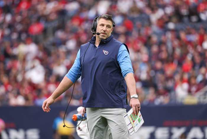 Dec 31, 2023; Houston, Texas, USA; Tennessee Titans head coach Mike Vrabel reacts after a play during the first quarter against the Houston Texans at NRG Stadium.