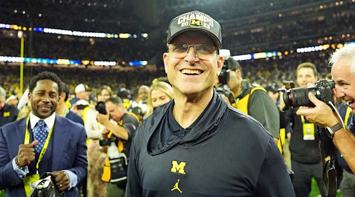 Former Michigan Wolverines coach Jim Harbaugh after winning the national championship.
