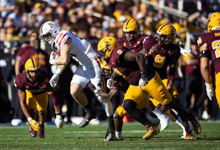 Nov 25, 2023; Tempe, Arizona, USA; Arizona Wildcats tight end Tanner McLachlan (84) against the Arizona State Sun Devils in the first half of the Territorial Cup at Mountain America Stadium. Mandatory Credit: Mark J. Rebilas-USA TODAY Sports
