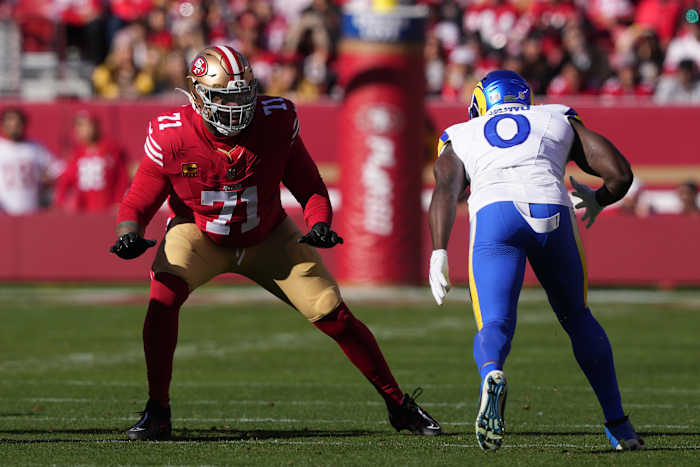 Los Angeles Rams LB Byron Young working against San Francisco 49ers OT Trent Williams. (Photo by Darren Yamashita of USA Today Sports)