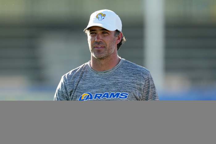 Jul 26, 2023; Irvine, CA, USA; Los Angeles Rams quarterbacks coach Zac Robinson during training camp at UC Irvine.