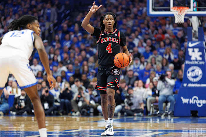 Jan 20, 2024; Lexington, Kentucky, USA; Georgia Bulldogs guard Silas Demary Jr. (4) handles the ball during the first half against the Kentucky Wildcats at Rupp Arena at Central Bank Center. Mandatory Credit: Jordan Prather-USA TODAY Sports