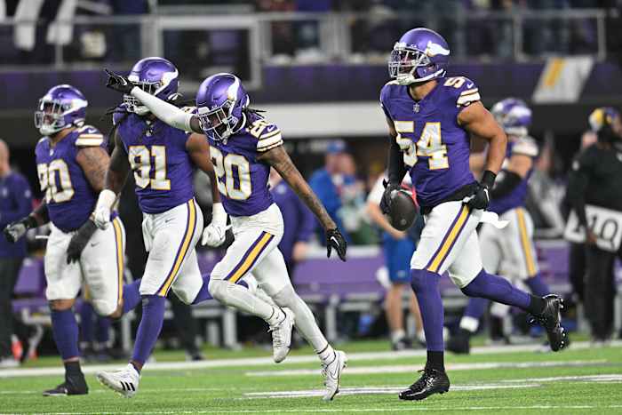 Nov 27, 2023; Minneapolis, Minnesota, USA; Minnesota Vikings linebacker Anthony Barr (54) reacts with safety Jay Ward (20) and linebacker Pat Jones II (91) after a fumble recovery by Barr during the fourth quarter against the Chicago Bears at U.S. Bank Stadium.