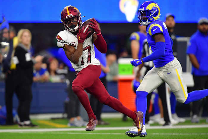 Dec 17, 2023; Inglewood, California, USA; Washington Commanders wide receiver Terry McLaurin (17) catches a pass against the Los Angeles Rams during the second half at SoFi Stadium. Mandatory Credit: Gary A. Vasquez-USA TODAY Sports