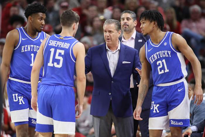 Jan 27, 2024; Fayetteville, Arkansas, USA; Kentucky Wildcats head coach John Calipari talks to his team during a timeout in the first half against the Arkansas Razorbacks at Bud Walton Arena. Mandatory Credit: Nelson Chenault-USA TODAY