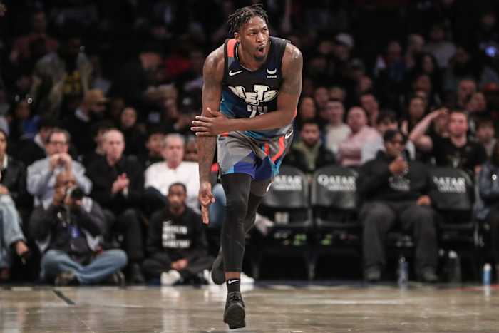 January 27, 2024; Brooklyn Nets forward Dorian Finney-Smith (28) celebrates after making a three pointer in the third quarter against the Houston Rockets