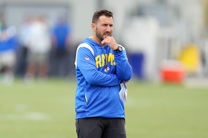Jun 14, 2023; Thousand Oaks, CA, USA; Los Angeles Rams tight ends coach Nick Caley during minicamp at Cal Lutheran University.