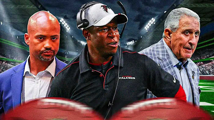 From left to right: Atlanta Falcons general manager Terry Fontenot, head coach Raheem Morris and owner Arthur Blank.