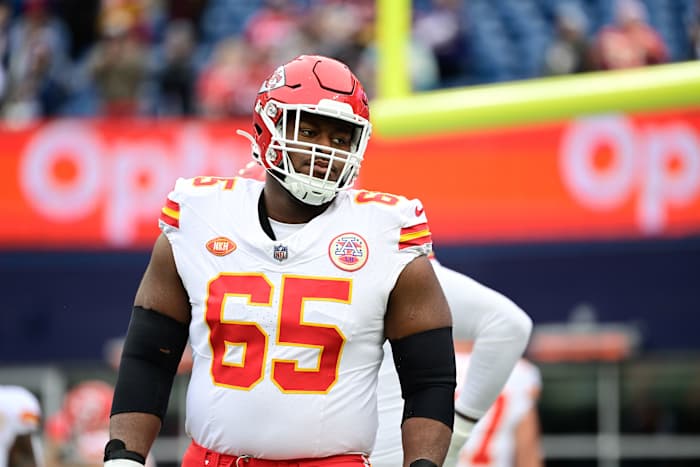 Kansas City Chiefs OG Trey Smith before a game against the New England Patriots. (Photo by Eric Canha of USA Today Sports)