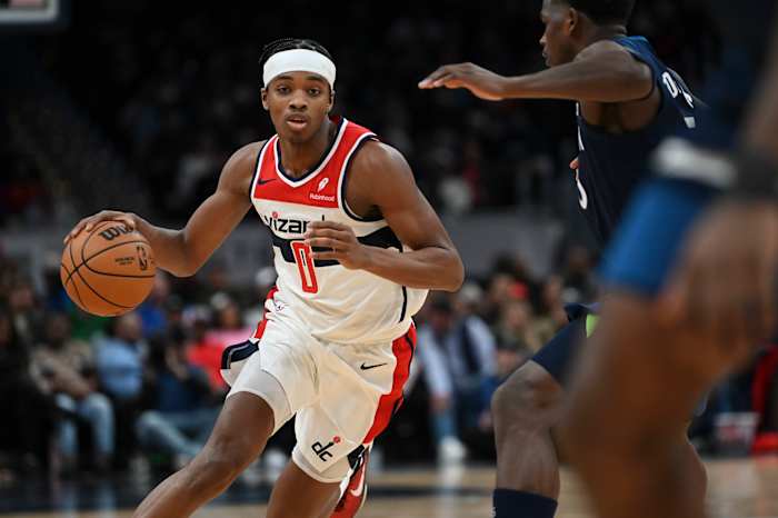 Washington Wizards guard Bilal Coulibaly (0) drives on Minnesota Timberwolves guard Anthony Edwards (5) during the second half at Capital One Arena. Mandatory Credit: Tommy Gilligan-USA TODAY Sports