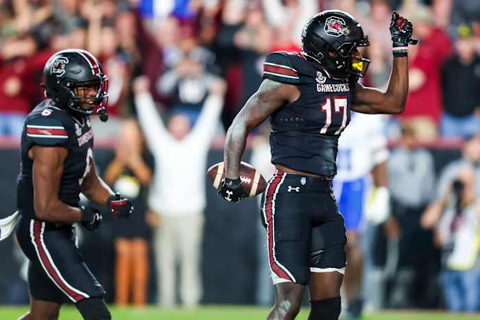 South Carolina Gamecocks wide receiver Xavier Legette (17) celebrates a touchdown reception.