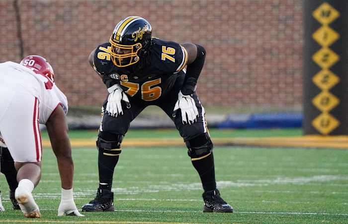 Missouri Tigers offensive lineman Javon Foster (76) on the line against the Arkansas Razorbacks.