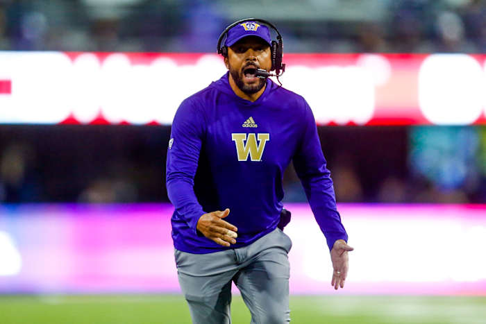 Oct 16, 2021; Seattle, Washington, USA; Washington Huskies head coach Jimmy Lake calls for a timeout during the third quarter against the UCLA Bruins at Alaska Airlines Field at Husky Stadium.