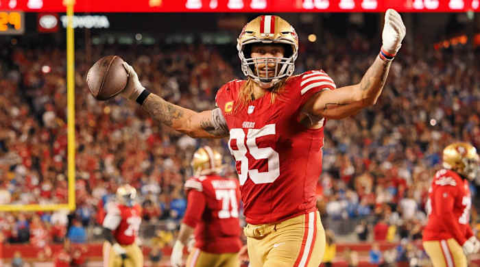 George Kittle reacts after a play.