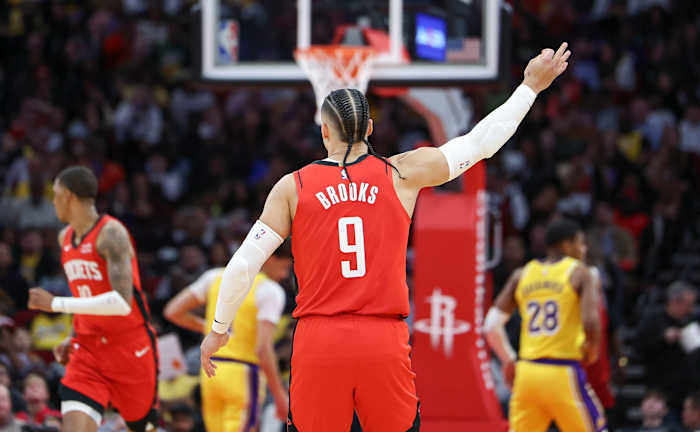 Houston Rockets forward Dillon Brooks (9) reacts after a play during the fourth quarter against the Los Angeles Lakers at Toyota Center.