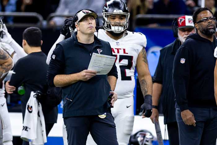 Jan 7, 2024; New Orleans, Louisiana, USA; Atlanta Falcons head coach Arthur Smith looks on against the New Orleans Saints during the second half at Caesars Superdome.