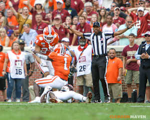 Kendrick and safety Nolan Turner team up to break up a pass against Florida State