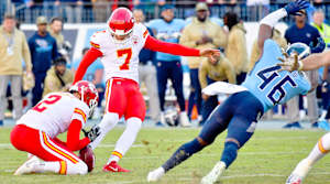 Nov 10, 2019; Nashville, TN, USA; Tennessee Titans defensive back Joshua Kalu (46) blocks a field goal attempt by Kansas City Chiefs kicker Harrison Butker (7) to win the game 35-32 during the second half at Nissan Stadium. Mandatory Credit: Jim Brown-USA TODAY Sports