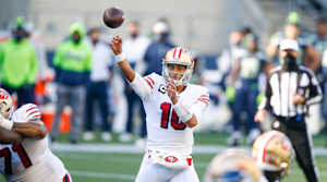 Nov 1, 2020; Seattle, Washington, USA; San Francisco 49ers quarterback Jimmy Garoppolo (10) passes against the Seattle Seahawks during the second quarter at CenturyLink Field.