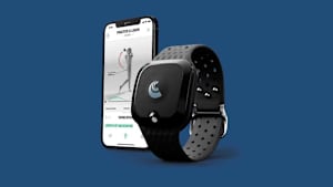 The deWiz golf training aid watch-like device is pictured along with its smartphone app.