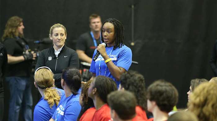 Stephanie Jackson speaks at the NFL Women’s Careers in Football Forum in Orlando.