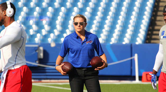 Phoebe Schecter ready to run drills at Bills camp.