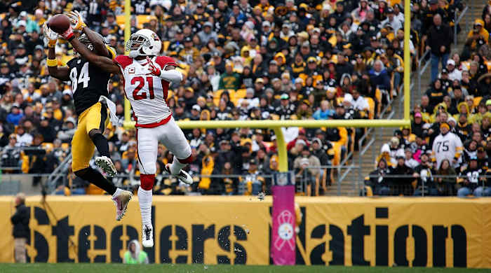 Peterson gets in front of Antonio Brown and knocks down a pass at Heinz Field in Oct. 2015.