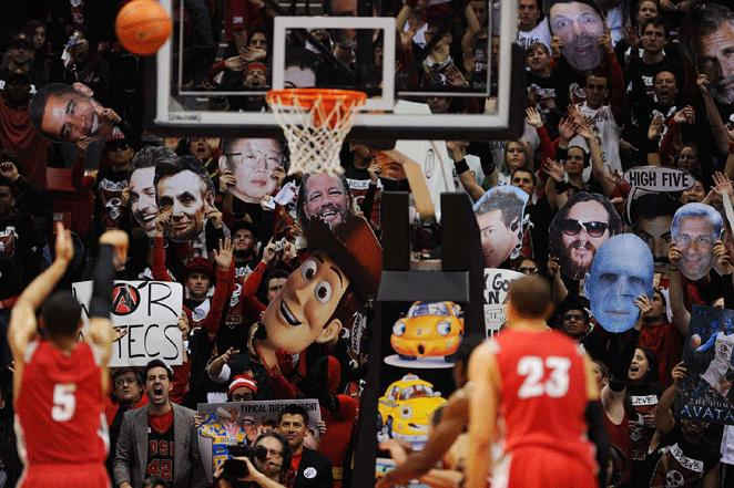 The big heads craze started at San Diego State, where Aztec fans used blowups of celebrities to distract opposing free throw shooters.