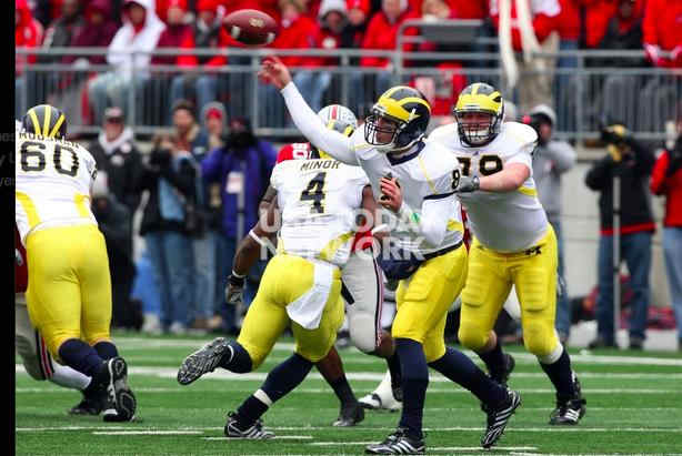 Columbus, OH, USA; Michigan Wolverines quarterback Nick Sheridan (8) throws against the Ohio State Buckeyes at Ohio Stadium. Mandatory Credit: Matthew Emmons-USA TODAY Sports