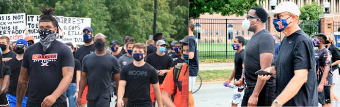 Illinois head coach Lovie Smith (middle of left photo) and men's basketball head coach Brad Underwood (right photo with white hat) participating in Illinois players protest Monday.