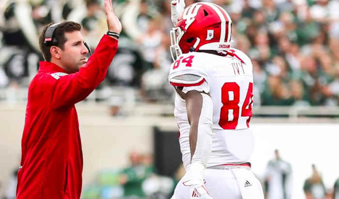 Nick Sheridan (left) has coached quarterbacks and tight ends at Indiana prior to being promoted to offensive coordinator in the offseason. (Photo courtesy IU Athletics)