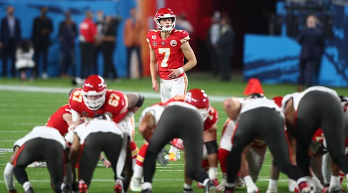 Feb 4, 2021; Tampa, FL, USA; Kansas City Chiefs kicker Harrison Butker (7) against the Tampa Bay Buccaneers in Super Bowl LV at Raymond James Stadium.