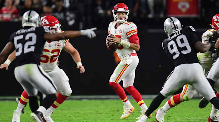 Nov 14, 2021; Paradise, Nevada, USA; Kansas City Chiefs quarterback Patrick Mahomes (15) drops back to pass against the Las Vegas Raiders during the first half at Allegiant Stadium.